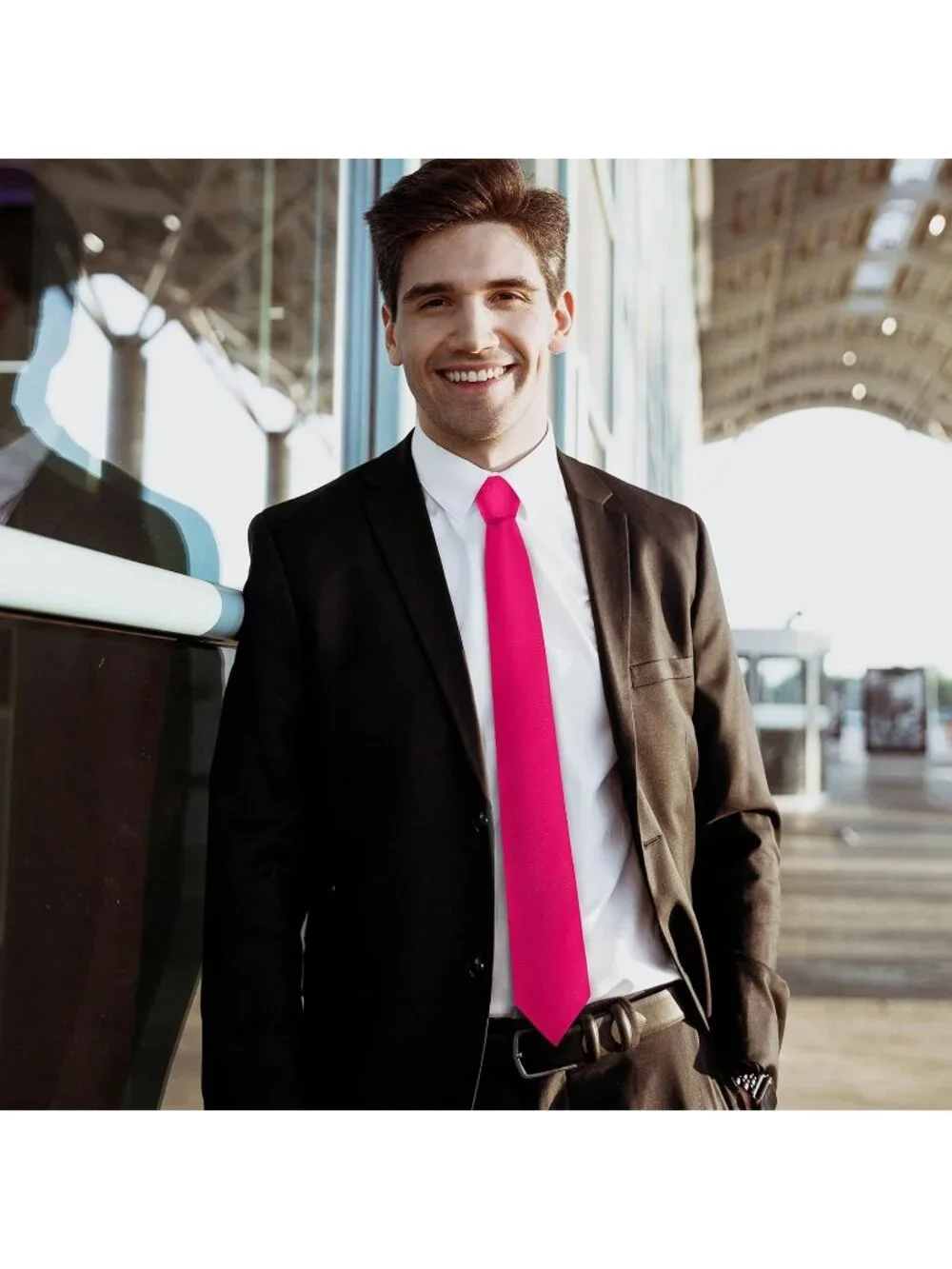 Men's Hot Pink Twill Diagonal Textured Silk Formal Necktie For Business Dress